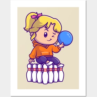 Cute Girl Playing Bowling Cartoon Posters and Art